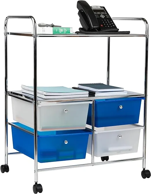 Mind Reader Elevate Collection, 2-Tier, Mobile Utility Cart Office Storage, 360° Omnidirectional Casters, Removable, Metal and Plastic, 24.25" L x 15" W x 32" H, 25 Inch, Silver 4 Drawer