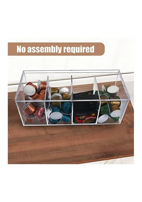 Coffee Pod Holder, Organizer for K Cup, Storage for Coffee Station Counter, Compatible with Nespresso Capsule& Keurig Pods, Coffee Bar Accessories, Acrylic 4 Compartment with Lid - Clear