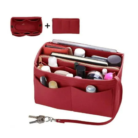 Purse Organizer Insert with Zipper Felt Bag Organizer Handbag Organizer Insert Bag In Bag Organizer with Key Chain for Tote Fits LV Speedy Neverfull Longchamp 12.60X5.90X6.70 Inches