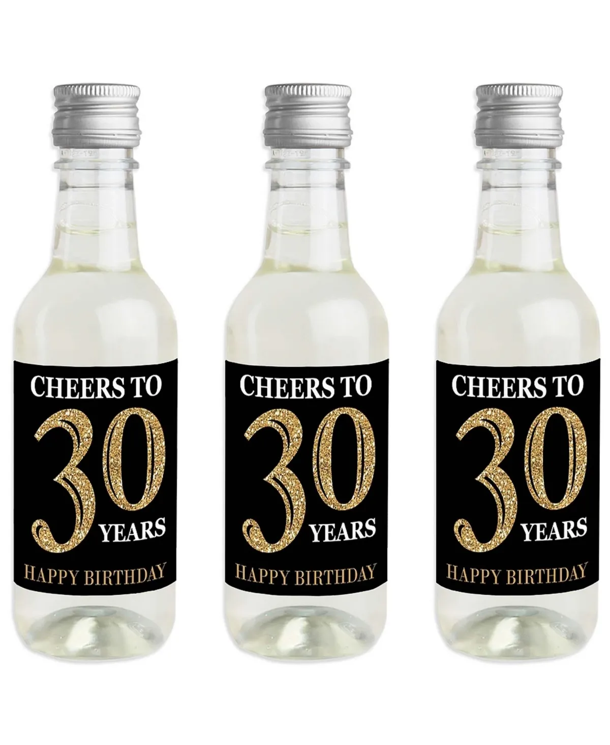 Adult 30th Birthday - Gold - Mini Wine and Champagne Bottle Label Stickers - Birthday Party Favor Gift - For Women and Men - Set of 16