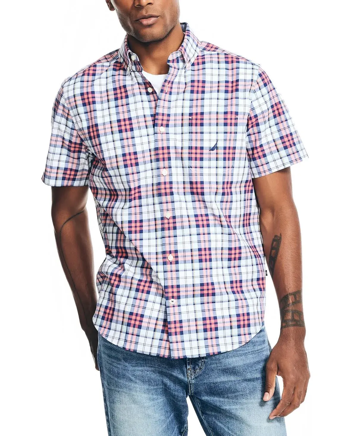 Nautica Mens Plaid Poplin Short-Sleeve Shirt