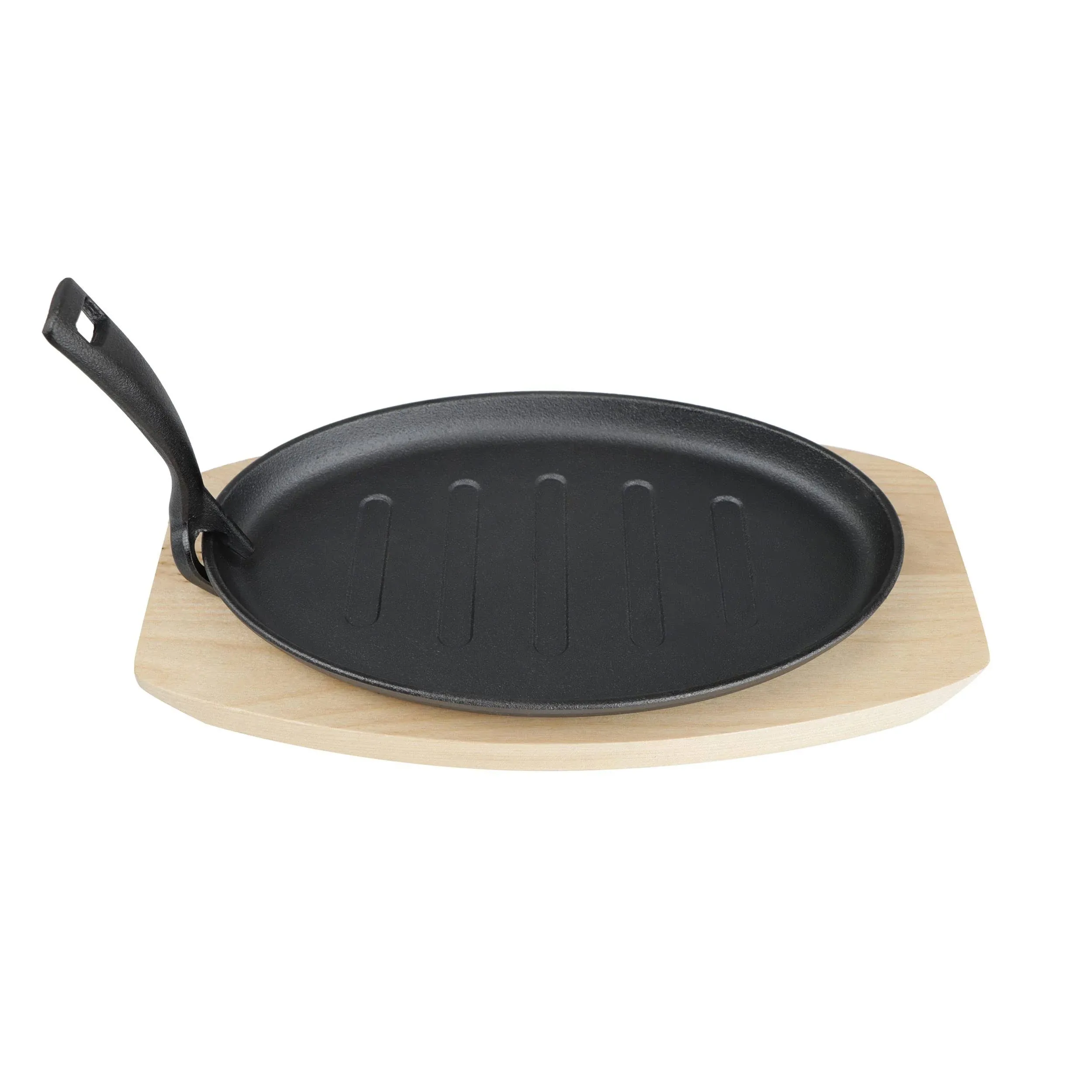 Lot45 Cast Iron Fajita Sizzling Pan- 10in Hot Dish Sizzling Plate Serving Platter with Wooden Base Plate, Steak Skillet