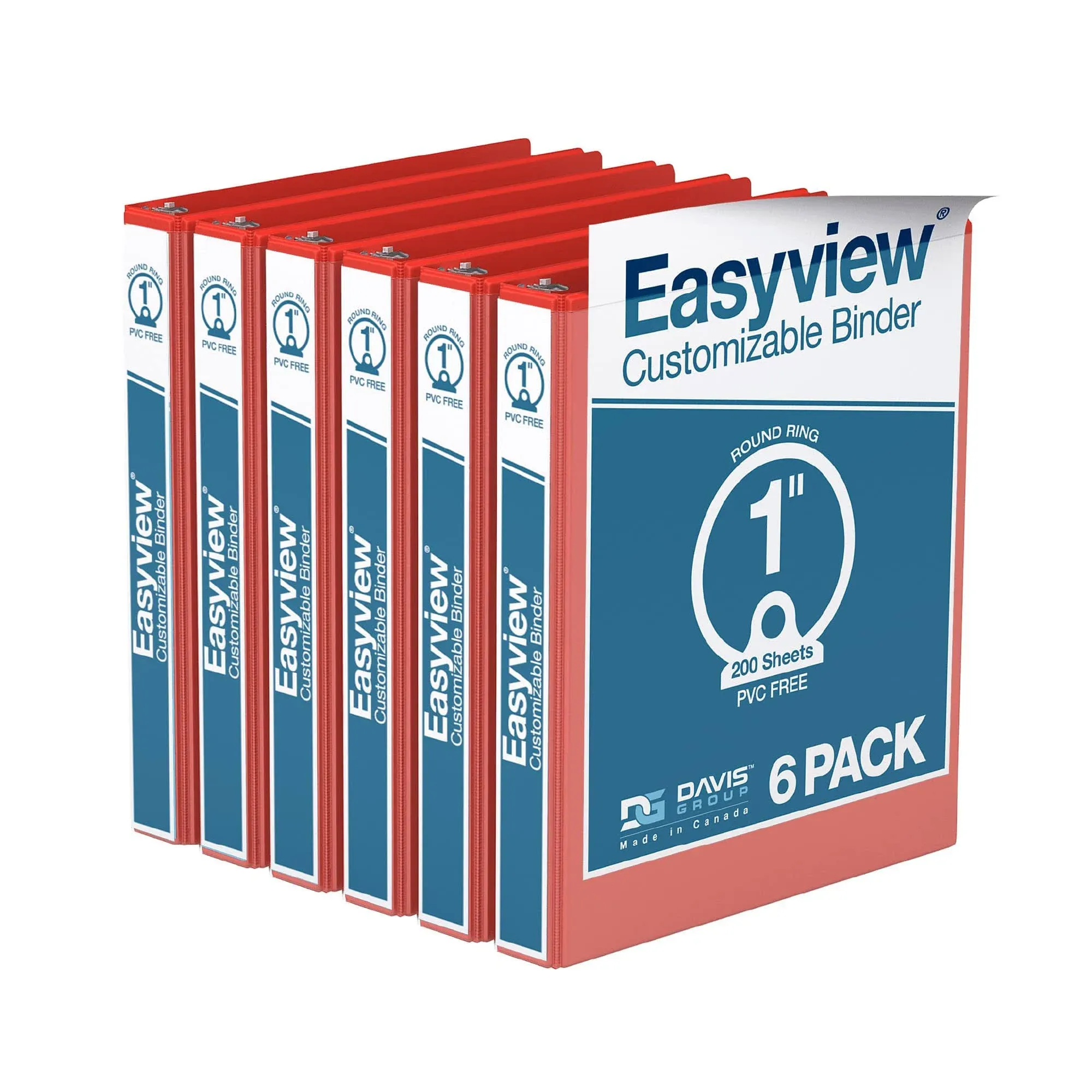 EasyView Premium 1-Inch Binders with Clear-View Covers, 3-Ring Binders for School, Office, or Home, Colored Binder Notebooks, Pack of 6, Round Ring, R