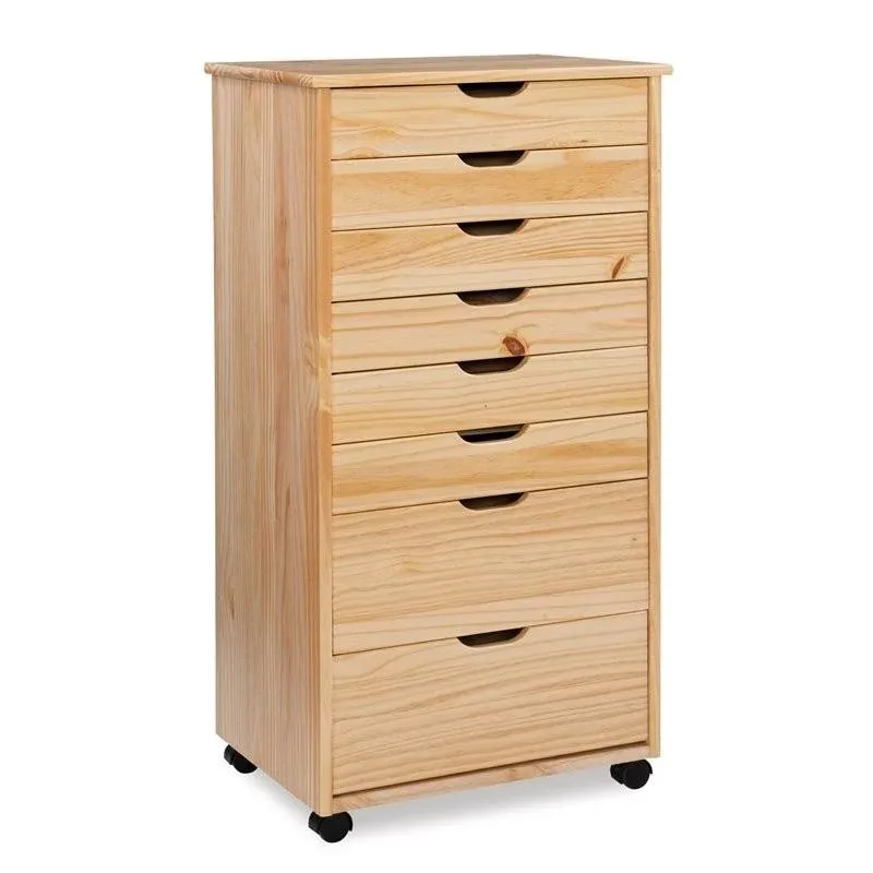 Riverbay Furniture Eight Drawer Wood Rolling Storage Cart in Natural