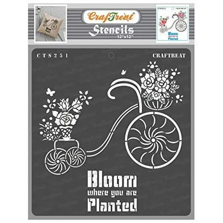 CrafTreat Bicycle Stencils for Painting on Wood Wall Tile Canvas Paper Fabric and Floor - Blooming Plants - 12x12 Inches - Reusable DIY Art and Craft Stencils - Flower Stencils for Wall