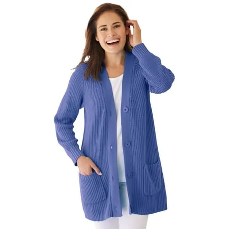 Woman Within Women's Plus Size Button-Front Shaker Cardigan