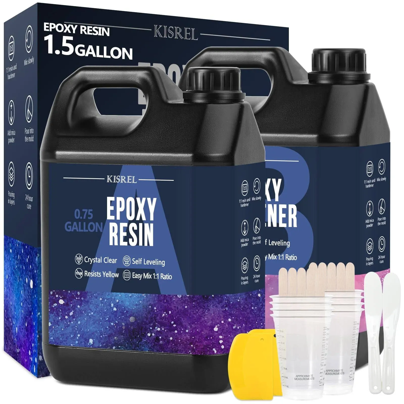 KISREL Epoxy Resin 1.5Gallon - Crystal Clear Epoxy Resin Kit - No Yellowing No Bubble Art Resin Casting Resin for Art Crafts, Jewelry Making, Wood & Resin Molds(0.75Gallon x 2)