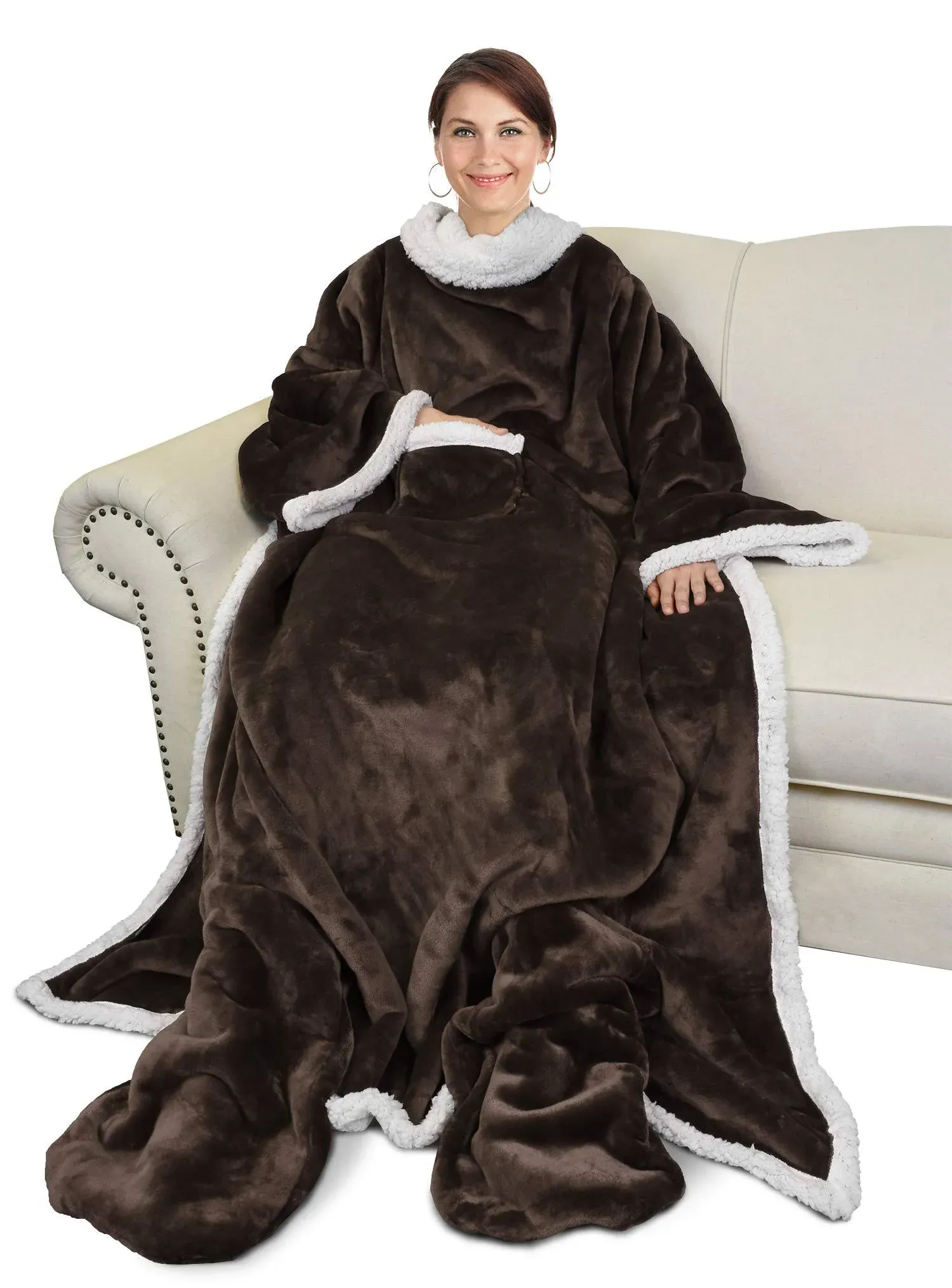 Catalonia Sherpa Wearable Blanket with Sleeves & Foot Pockets for Adult Women Men, Comfy Snuggle Wrap Sleeved Throw Blanket Robe, Gift Idea, Brown