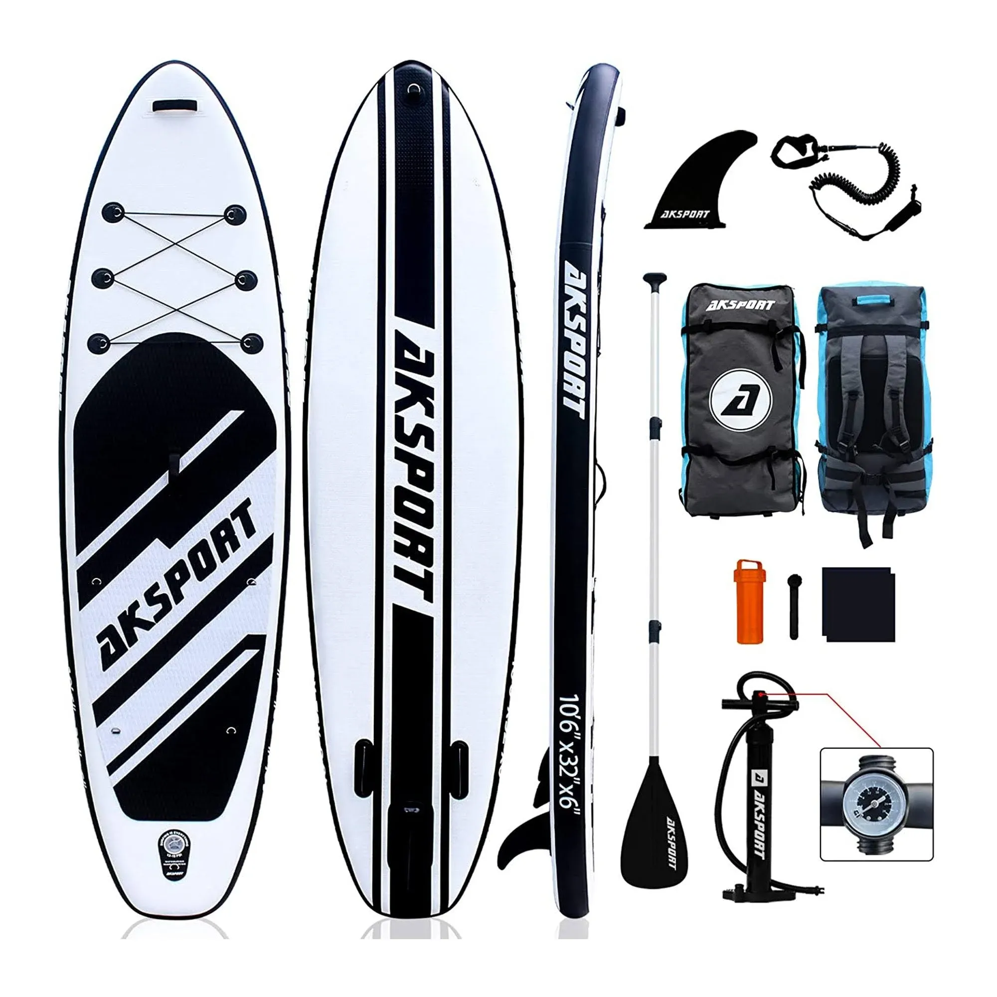 AKSPORT 10\'6" Inflatable SUP All Around Stand Up Paddle Board Kit, Black/White