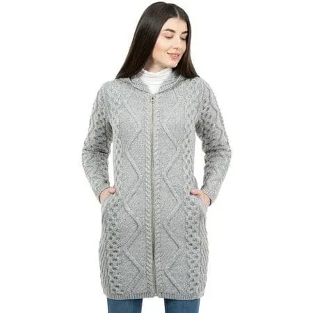 SAOL Aran Cable Knit Zip Hooded Coat 100% Merino Wool Women s Irish Fisherman Cardigan Sweater Made in Ireland