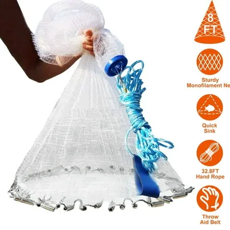 8ft Radius Fishing Cast Net Bait Trap Easy Throw Heavy Duty Hand Cast Net with Chain Sinker Bottom Spread