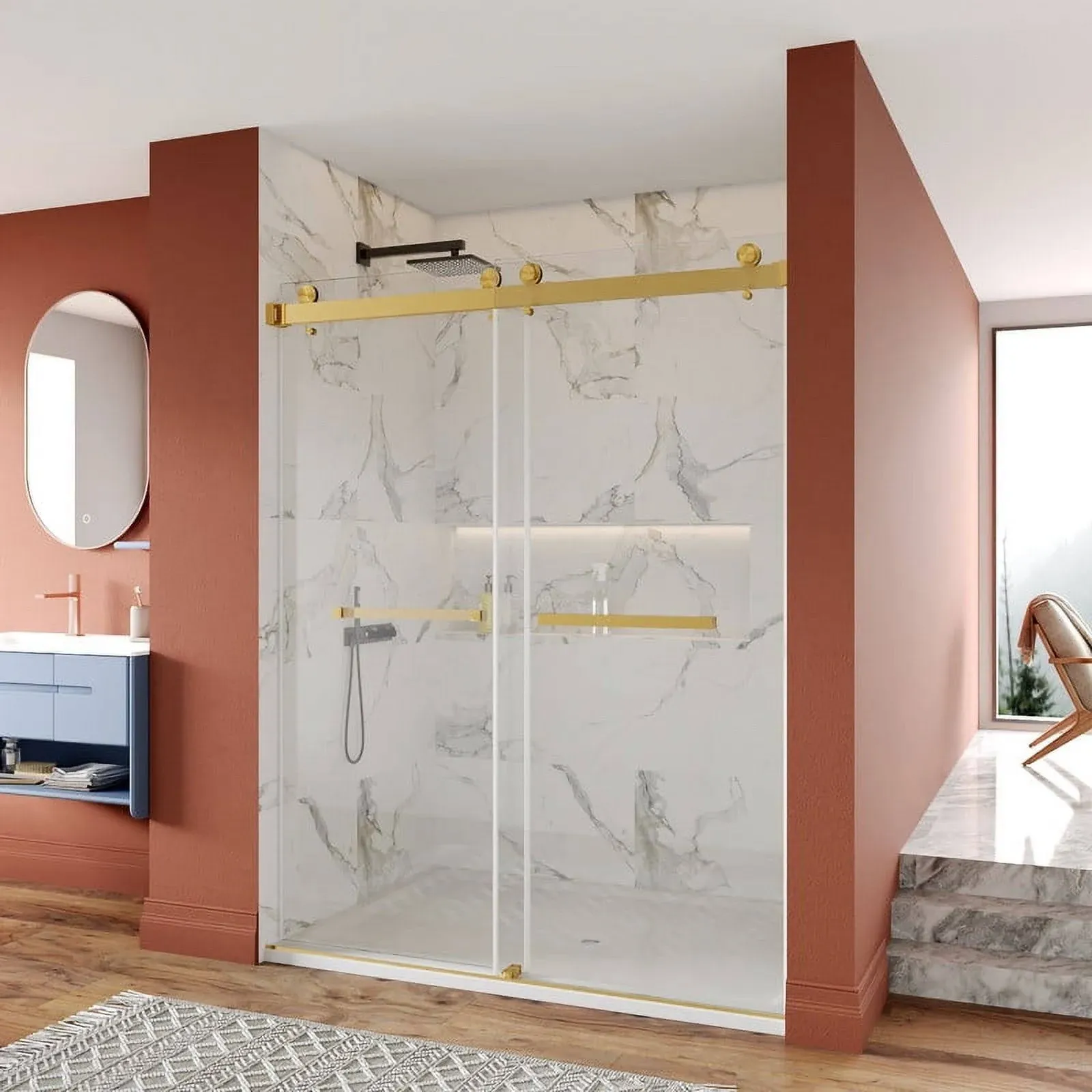 DeerValley DV-1SD052 60" 56" W x 76" H Frameless Sliding Shower Door, Bathroom Sliding Shower Door, Clear Tempered Glass, Designed for Smooth Door Closing and Opening（Gold）