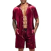 LecGee Men Summer Casual Short Sets Velvet Short Sleeve Button Down Shirt Elastic Waist Shorts 2 Piece Outfits Tracksuit