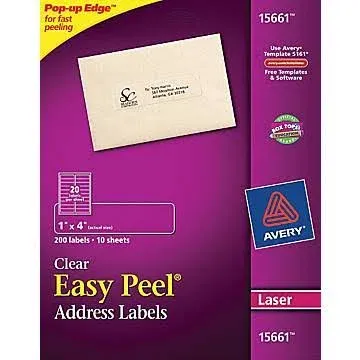 Avery Matte Clear Address Labels, Sure Feed Technology, Laser, 1" x 4", 200 Labels (15661)