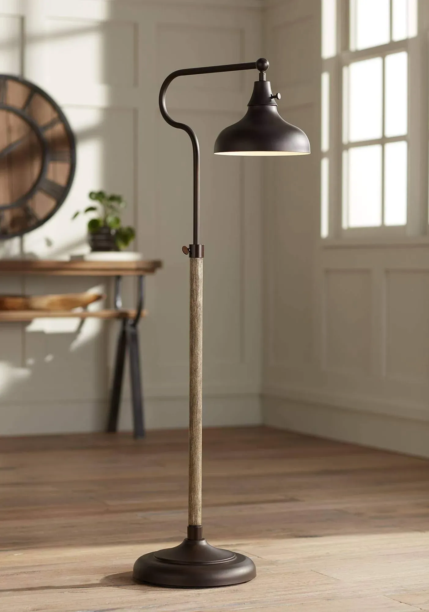 Franklin Iron Works Ferris Industrial Rustic Farmhouse Pharmacy Floor Lamp with USB Charging Port 57" Tall Bronze Faux Wood Grain Adjustable Metal Shade for Living Room Reading Bedroom Office House