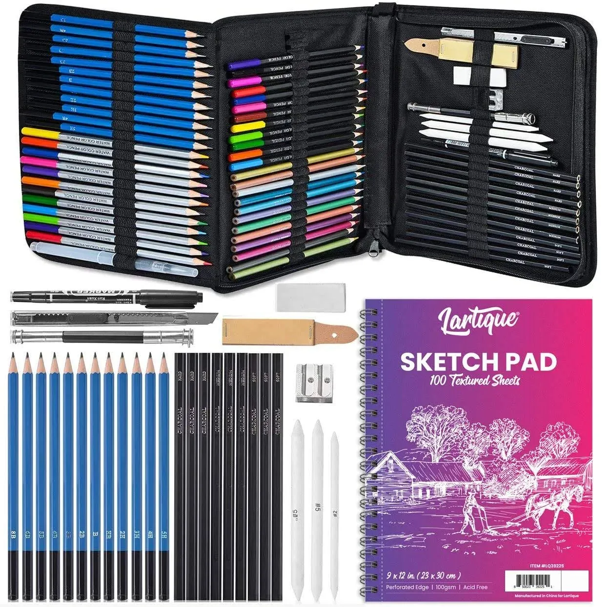 Lartique 72-Piece Drawing Supplies Drawing Kit - Art Supplies for Adults and Kids - Graphite, Charcoal Drawing Pencils – Sketch Book, Carrying Case and Other Sketching Supplies