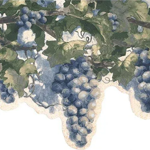 CONCORD WALLCOVERINGS ™ Classic Grapes Wallpaper Border Featuring a Grape Vine Painting, Colors Blue Purple Green Beige, Size 9.75 Inches by 15 Feet KH6082B