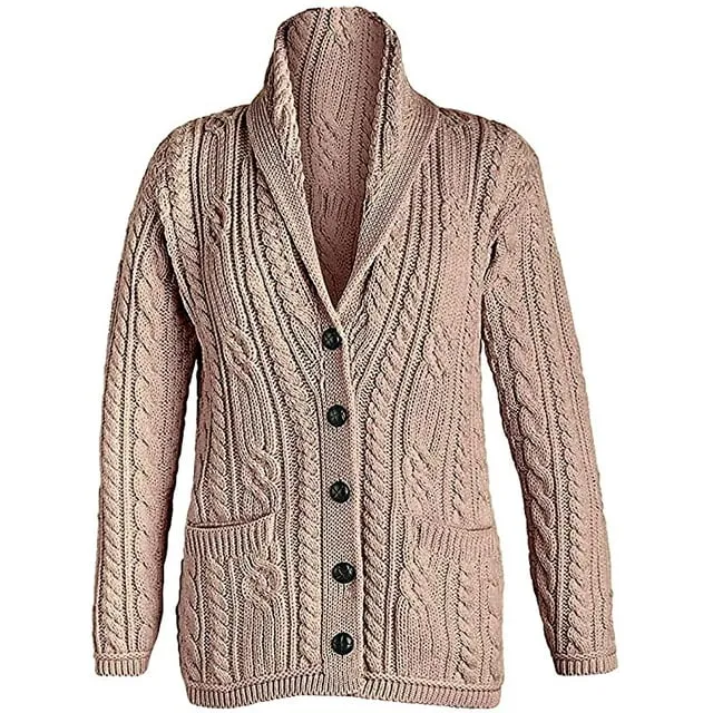 Aran Woollen Mills Cable Knitted Shawl Cardigan Sweater 100% Premium SuperSoft Merino Wool Women`s Jacket Made in Ireland