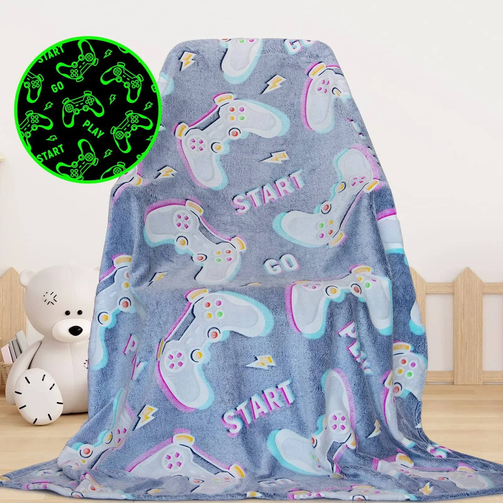 Glow in The Dark Blanket Gaming Controller Glowing Throw Blanket Gamer Plush Luminous Blankets and Throws Soft Throw Gift for Kids Girls Boys Birthday Christmas Halloween Thanksgiving 50" x 60"