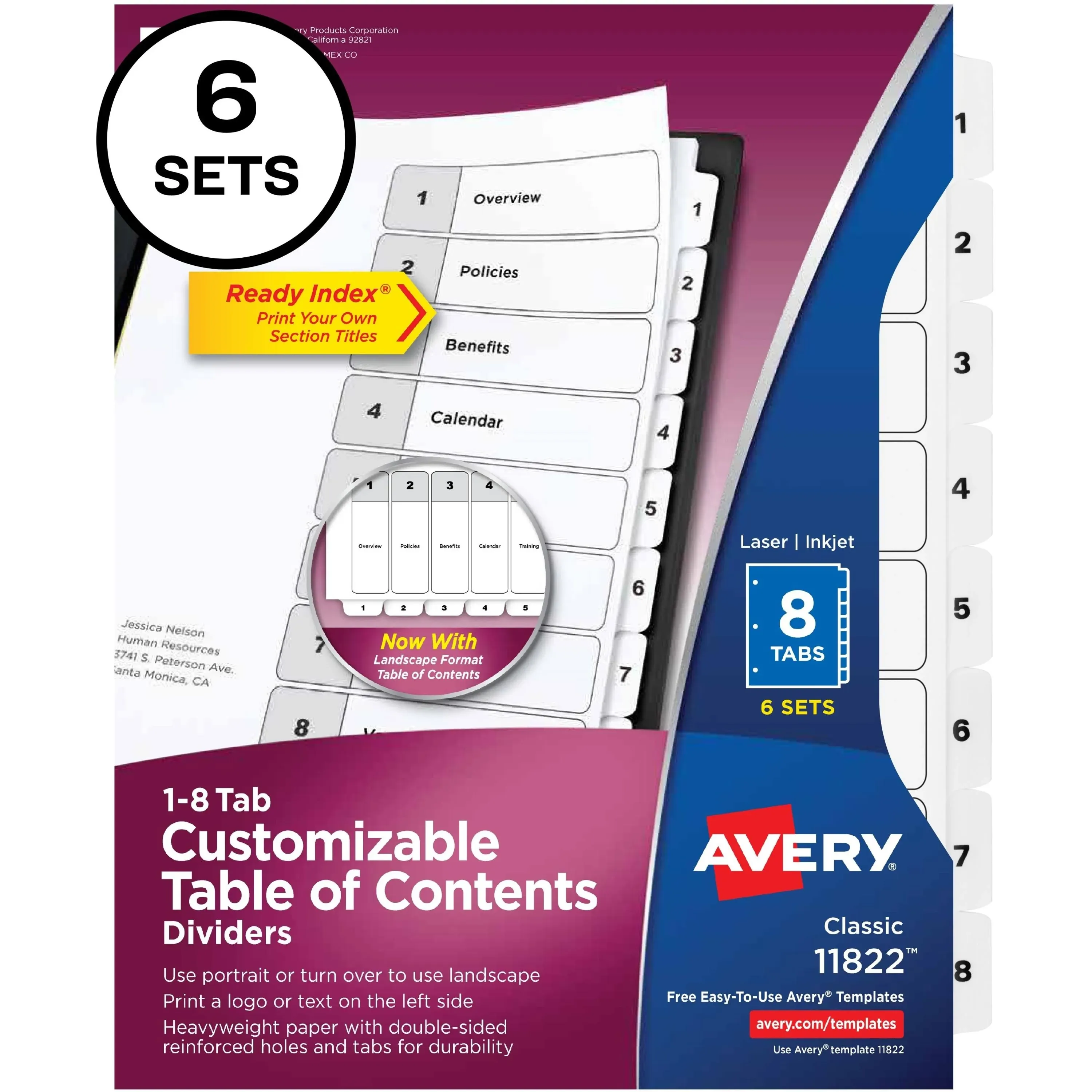 Avery Ready Index Table of Contents Paper Dividers, 1-8 Tabs, White, 6 Sets/Pack (11822) | Staples