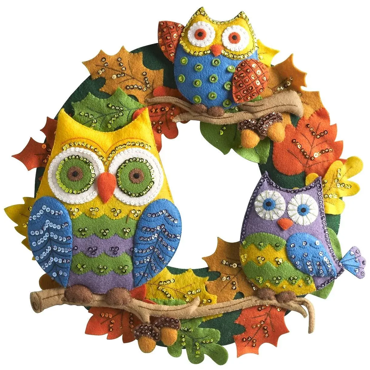 Bucilla Felt Applique Wall Hanging Kit, 17 by 17-Inch, Owl Wreath