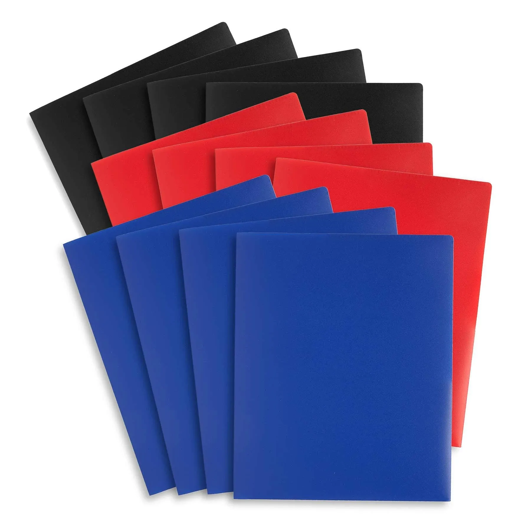 Blue Summit Supplies Plastic Two Pocket Folders, Reinforced Corners, Durable 2 Pocket Folder with Corner Flaps Inside to Hold Papers in Place, Bold, Colors, Red, Blue, and Black, 12 Pack