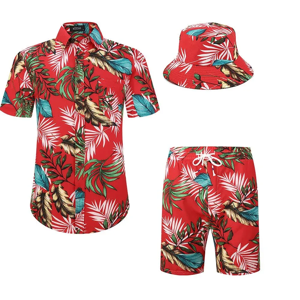 MCEDAR Men's Hawaiian Shirt and Short 2 Piece Vacation Outfits Sets Casual Button Down Beach Floral Suits with Bucket Hats