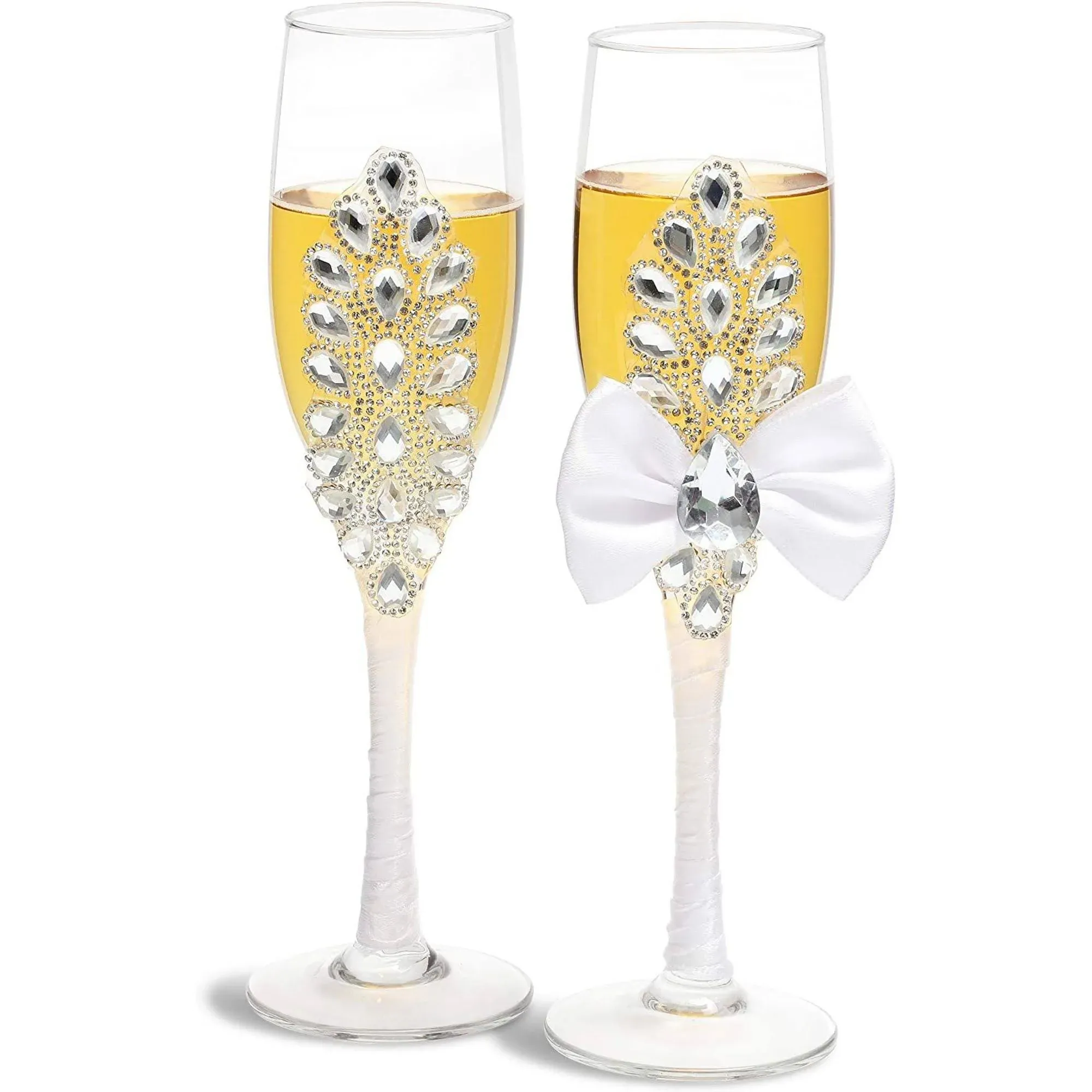 Set of 2 Mr. & Mrs. Wedding Toasting Glasses Bride and Groom Rhinestone Champagne Flutes in White Wedding Gift Idea