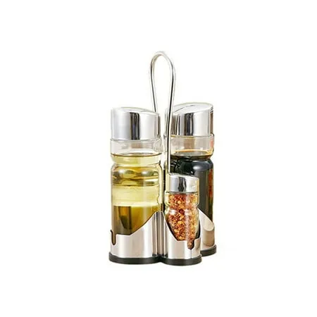 Seasoning Bottle Set Condiment Holder Seasoning Rack Four-in-One Oil Vinegar Dispensers Salt Pepper Shakers Glass Cruet Set with Convenient Caddy Stand Stainless Steel Tops