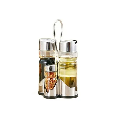 MABOTO Seasoning Bottle Set Condiment Holder Seasoning Rack Four-in-One Oil Vinegar Dispensers Salt Pepper Shakers Glass Cruet Set with Convenient Caddy Stand Stainless Steel Tops