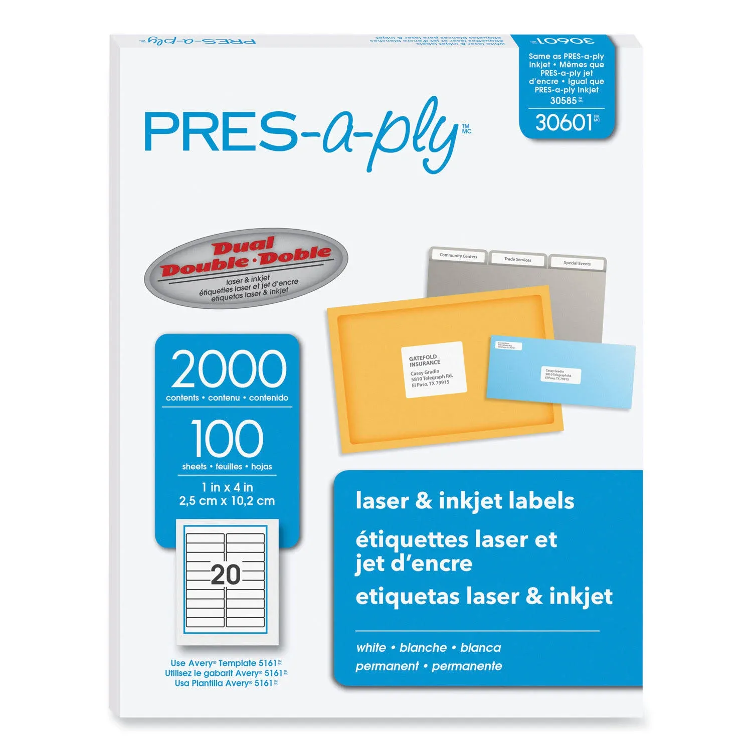 PRES-a-ply Laser/Inkjet Address Labels, 1" x 4", White, 20 Labels/Sheet, 100 Sheets/Box, 2,000 Labels/Box (30601) | Staples