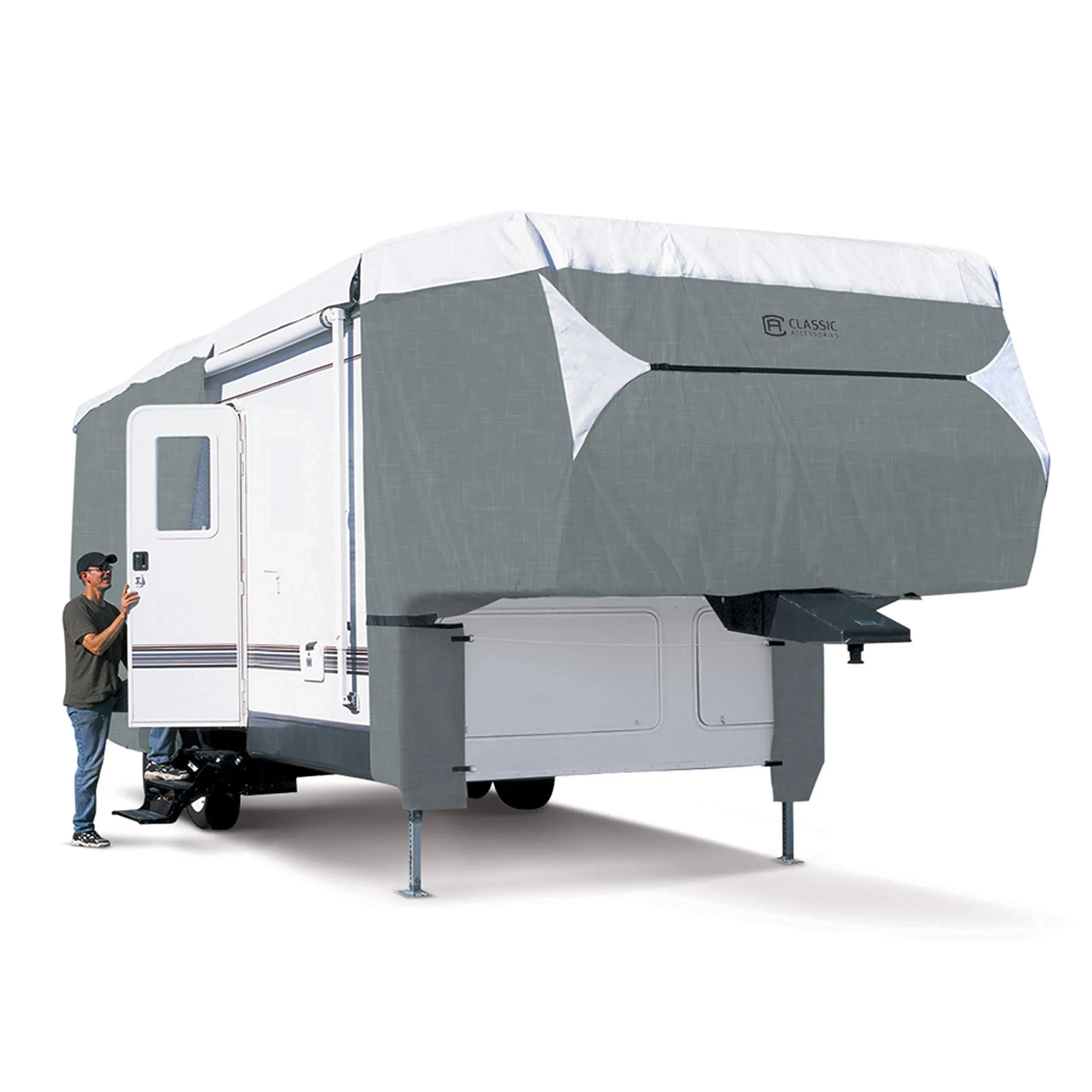 Classic Accessories Over Drive PolyPRO3 Deluxe 5th Wheel Cover or Toy Hauler Cover, Fits 29' - 33' RVs, Universal Camper Cover, Grey/Snow White