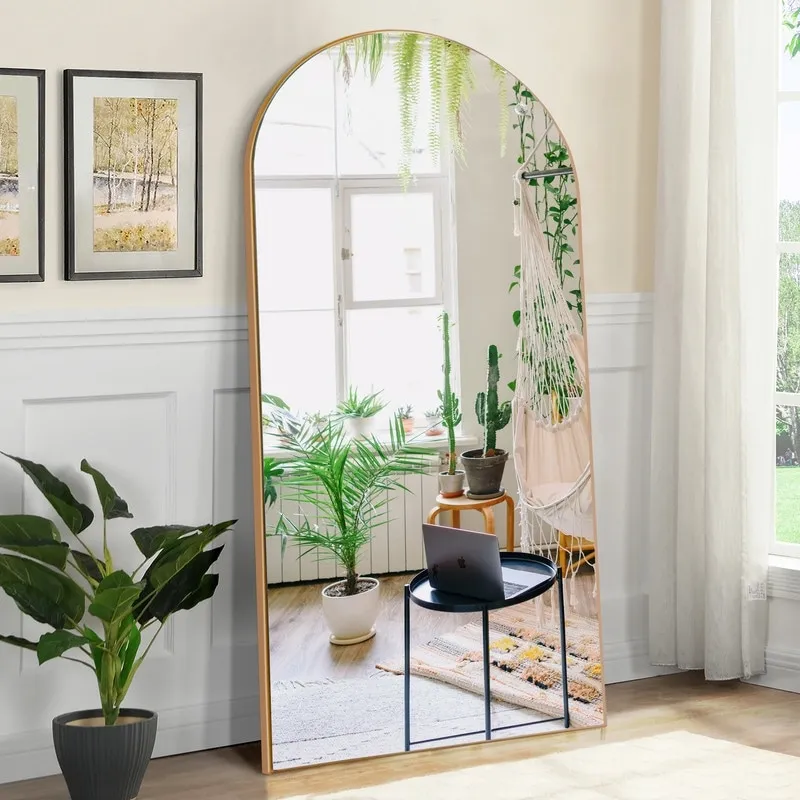 Modern Large Arched Wood Frame Floor Mirror Wall Mount Full-length Mirror