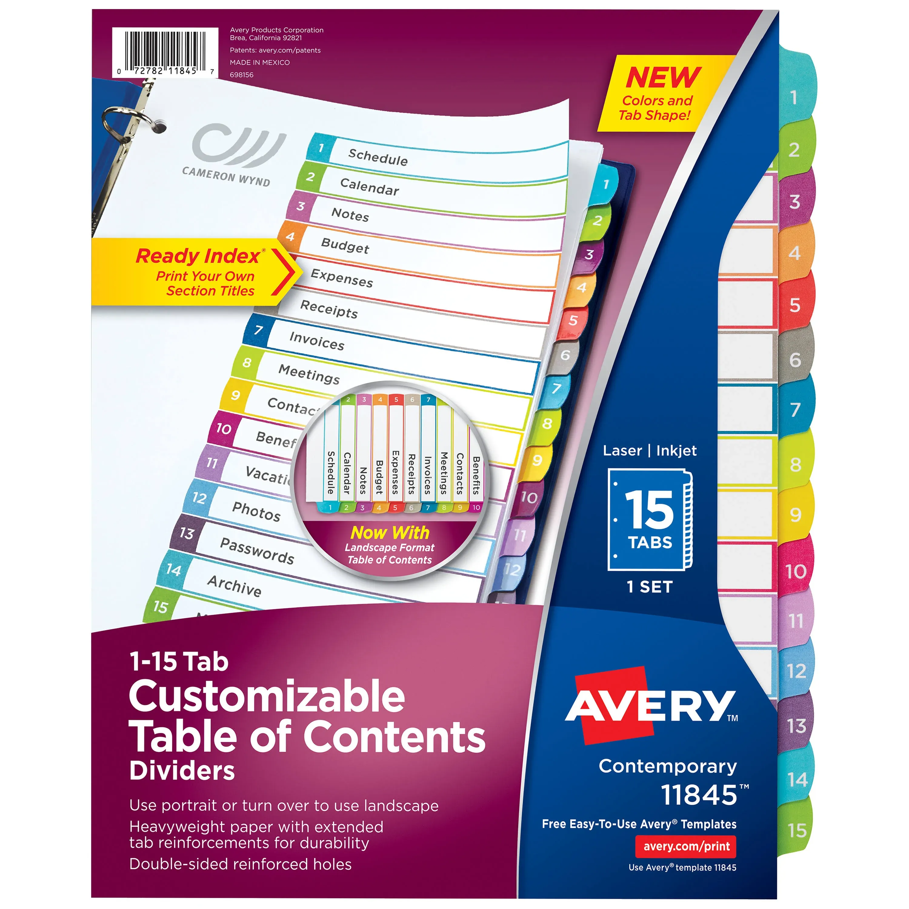 Avery 15 Tab Dividers for 3 Ring Binders, Customizable Table of Contents, Multicolor Tabs, 1 Set (11845)