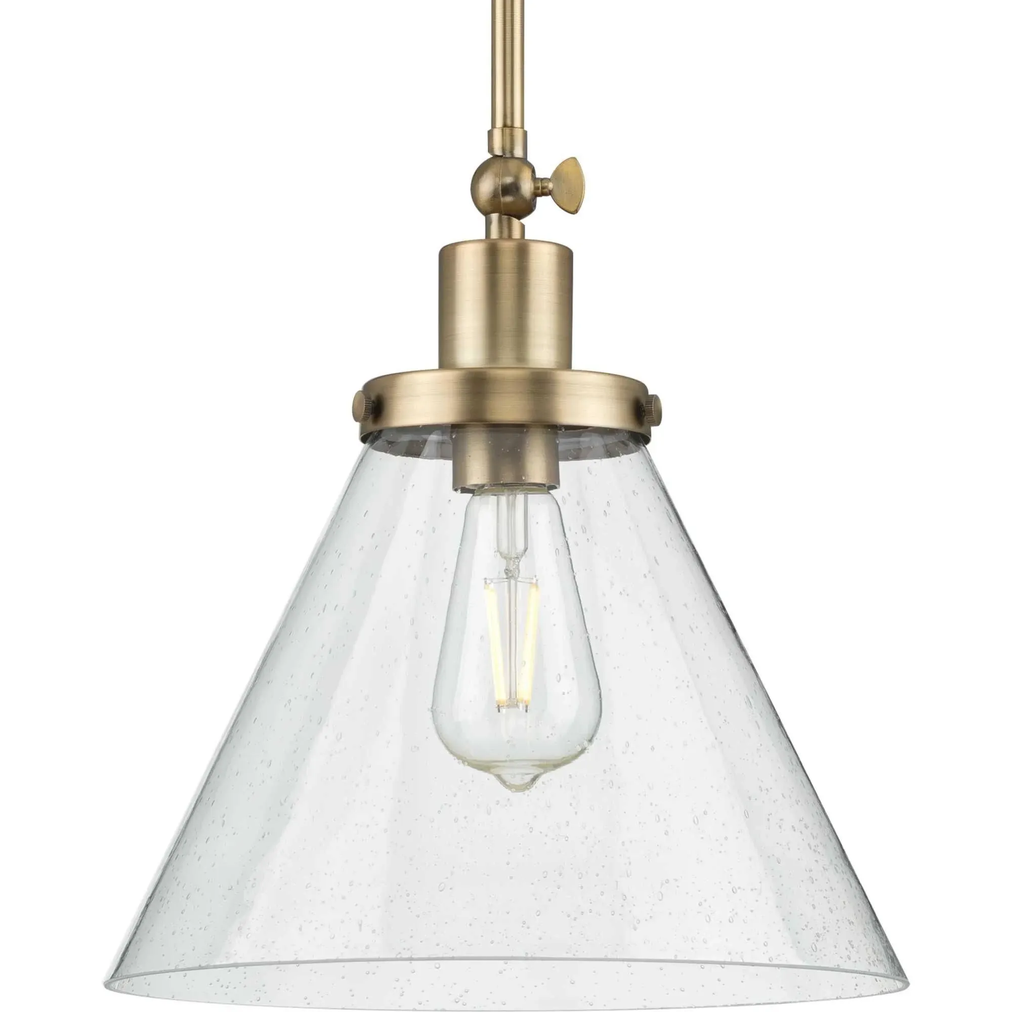 Progress Lighting Hinton Collection 1-Light Seeded Glass Vintage Brass Industrial Pendant Light, 12.50x12.00x12.00