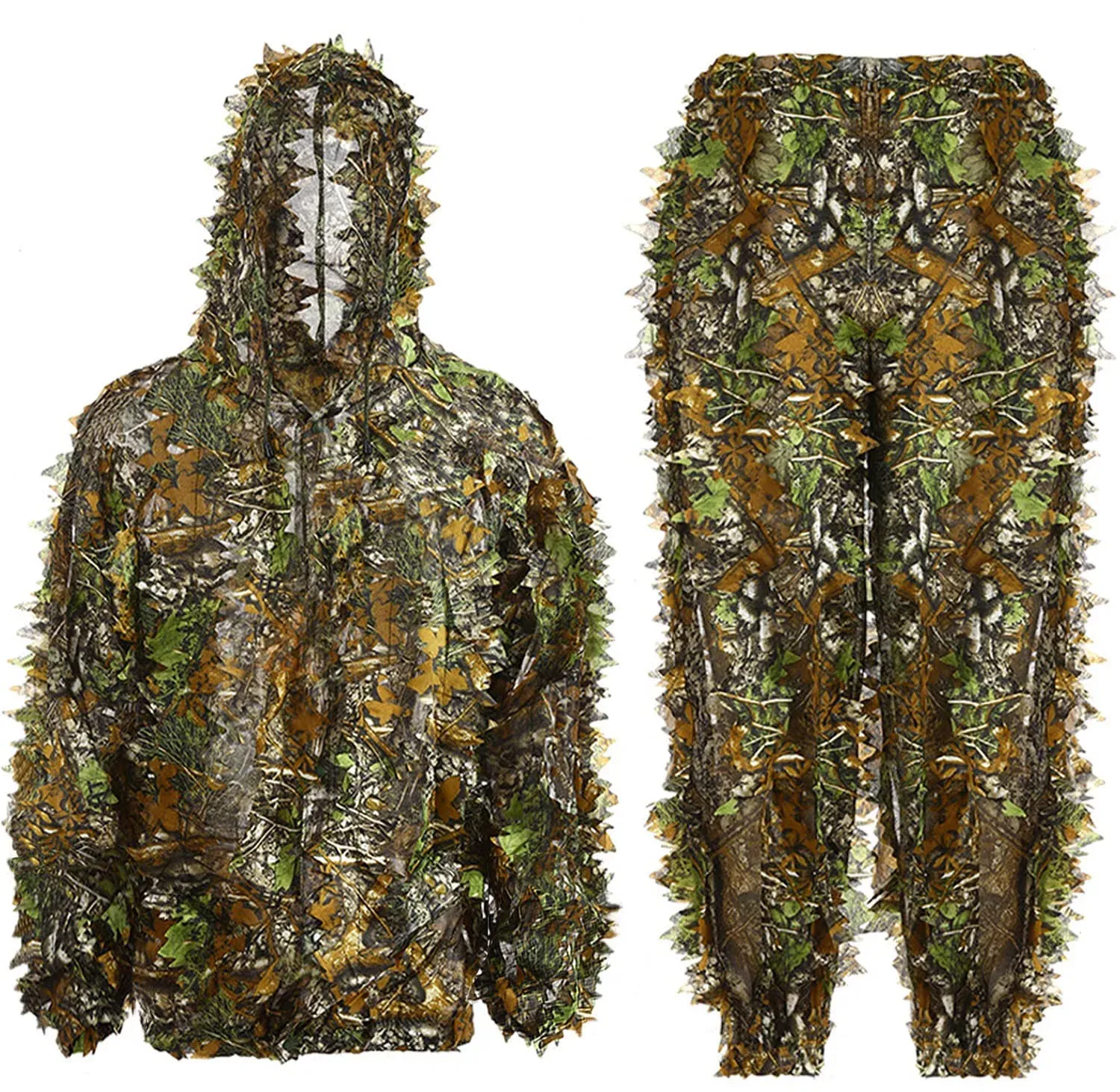 Ghillie Suit 3D Leafy Hunting Suits, Outdoor Hooded Camouflage Clothing for Man, Gilly Camo Suit with Jacket & Pants