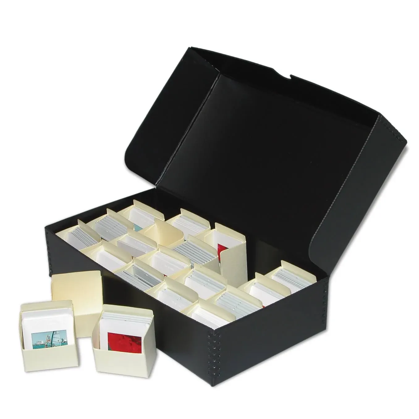 Print File  2x2-500BOX - Black Linen Slide Storage Box with 20 Bins for 500 Slides - 6-1/8"W x 11"H x 2-1/2"D