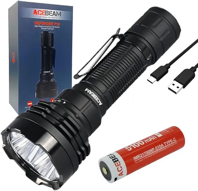 ACEBEAM Defender P18 Dual Switch Rechargeable Flashlight -5000 Lumens w/ Eco-Sensa USB C Charging Cable