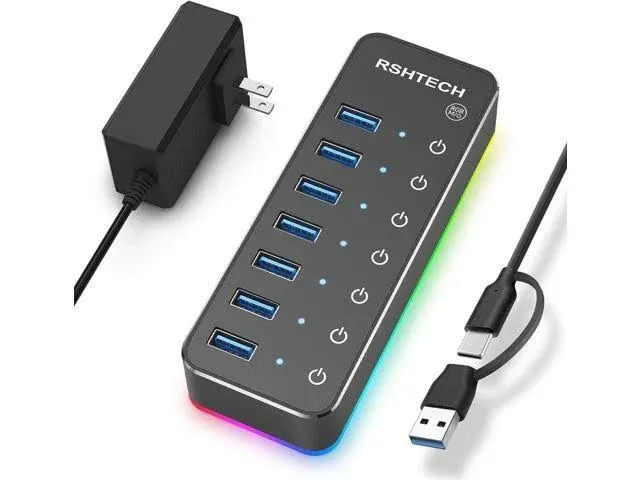 Powered USB Hub, RSHTECH RGB 7 Ports USB 3.0/USB C Hub with 14 Mode RGB LED Strip ...