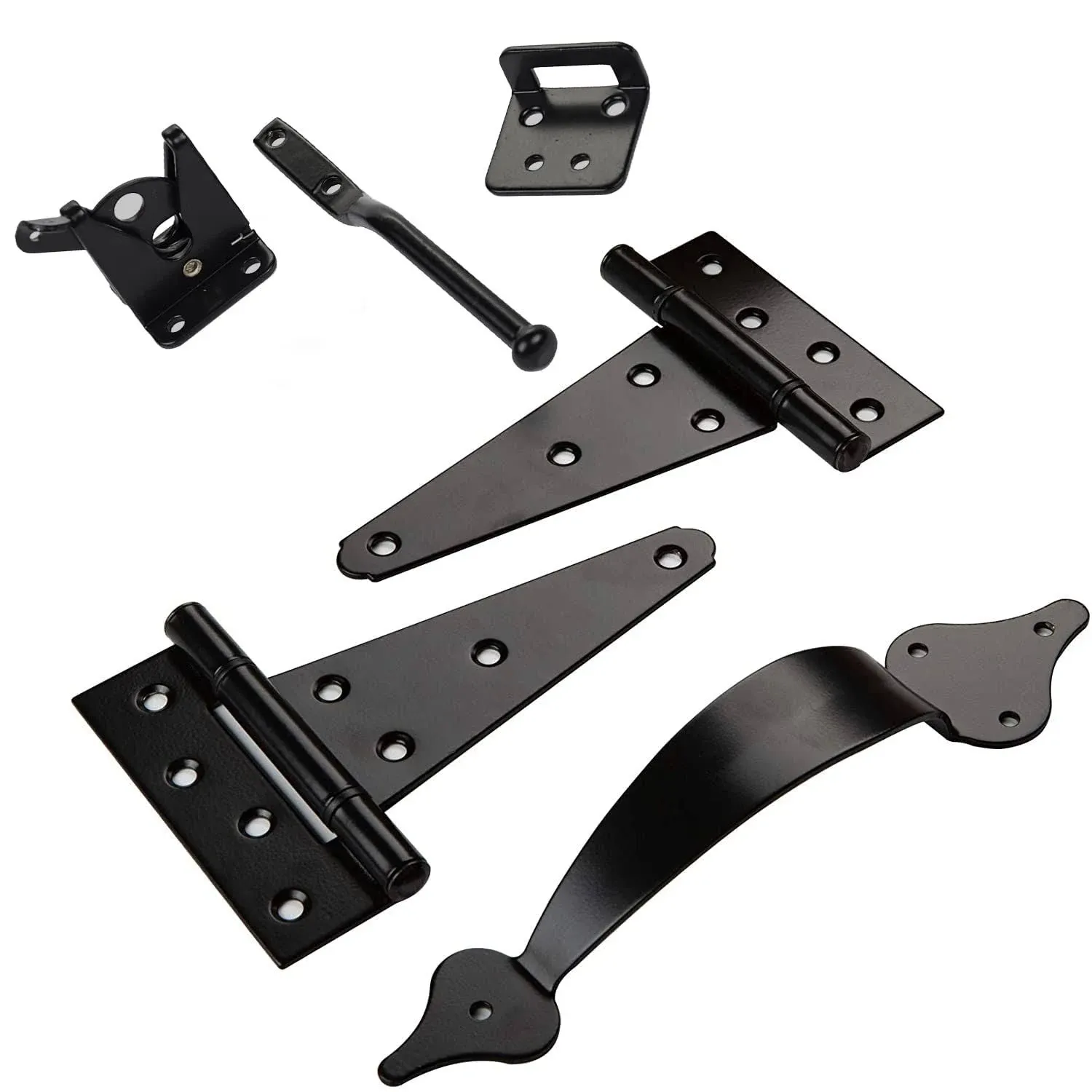 Gate Combo Kit - 2X T-Hinges 6&quot; - Gate Handle 10&quot; - Spring Loaded Gate Latch - Powder Coated Black - Screws Included - DHCGK