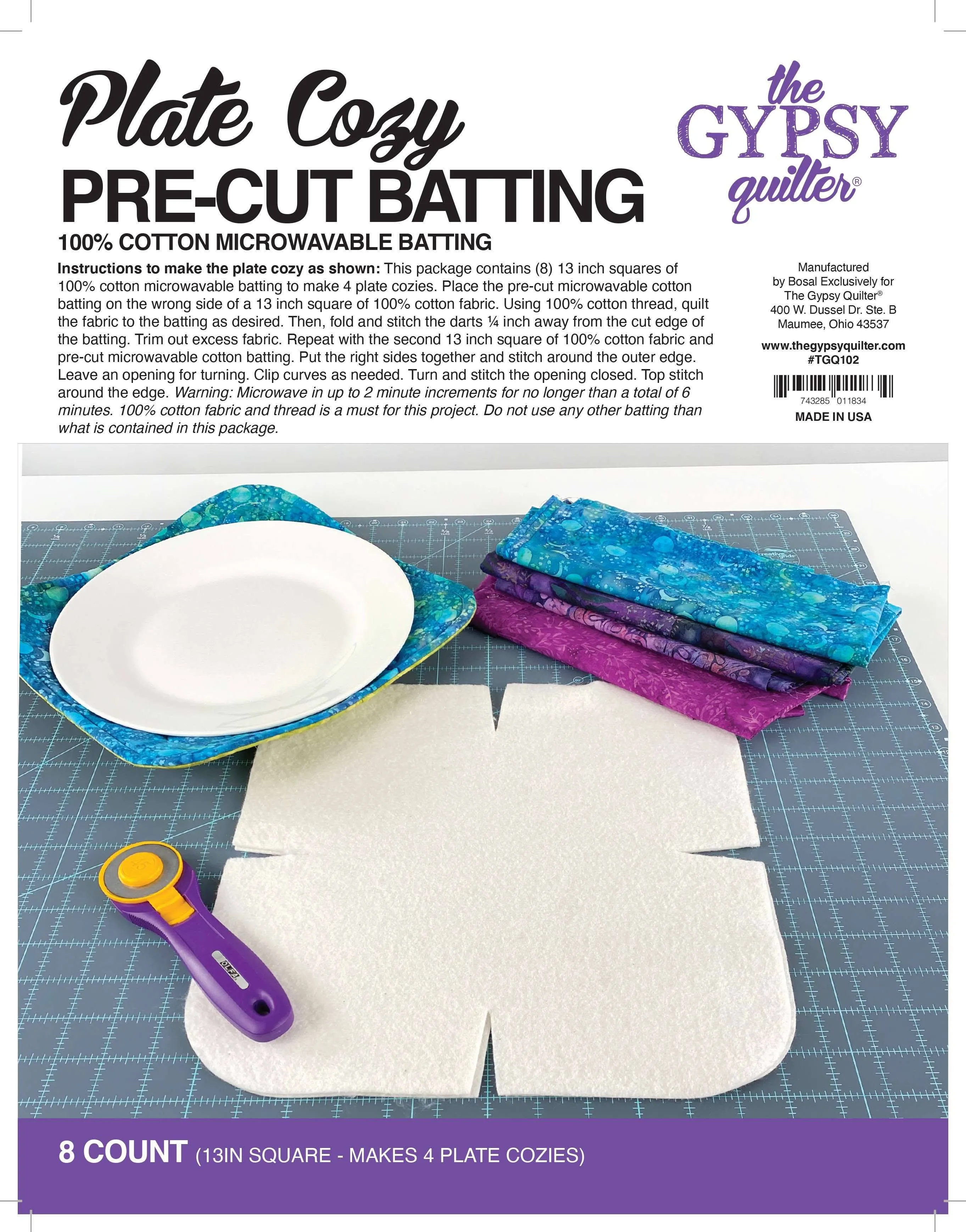 Plate Cozy Pre-Cut Batting - 8 Count Cotton Microwavable Batting Squares M408.09