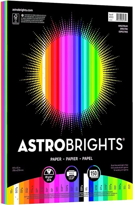 Astrobrights Color Paper, 8.5” x 11”, 24 lb/89 gsm,"Spectrum" 25-Color Assortment, 150 Sheets (80933-01)