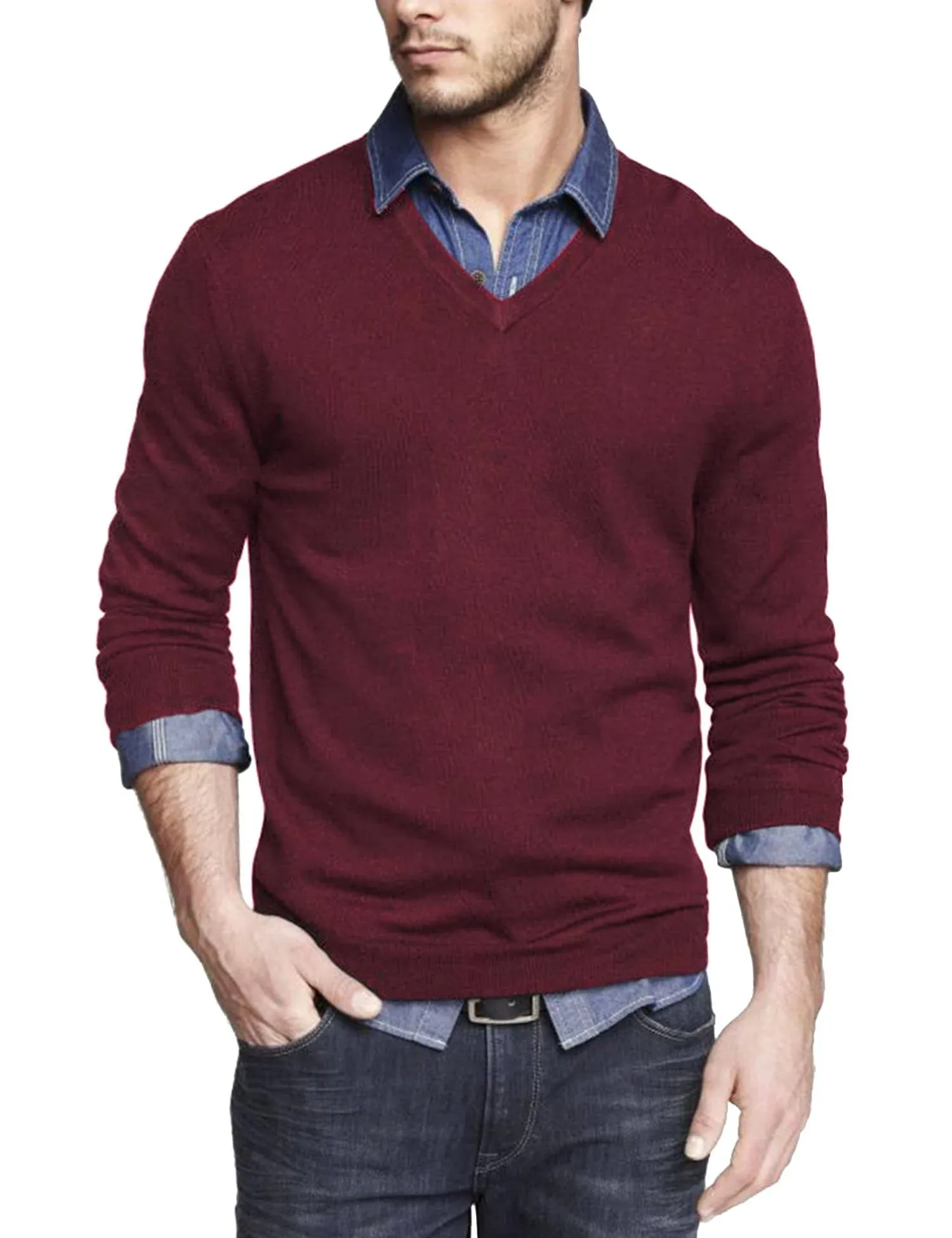 COOFANDY Men Casual V Neck Sweater Ribbed Knit Slim Fit Long Sleeve Pullover Top