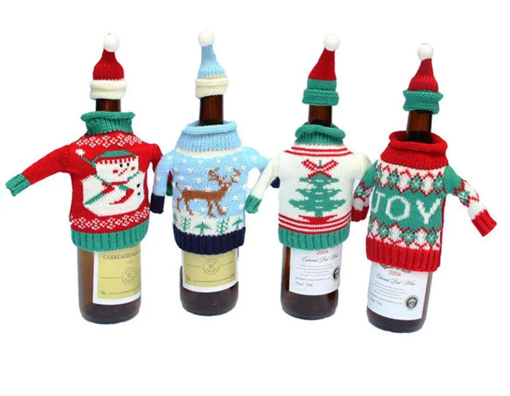 Christmas Wine Bottle Knitted Ugly Sweater Covers Setset Of 4