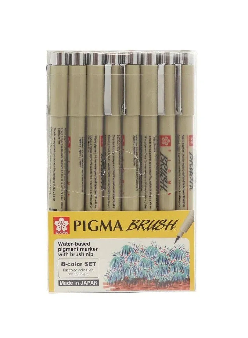 Pack of 8 Colours Sakura Pigma Brush Set | Multi Colours Archival Ink Art Pens