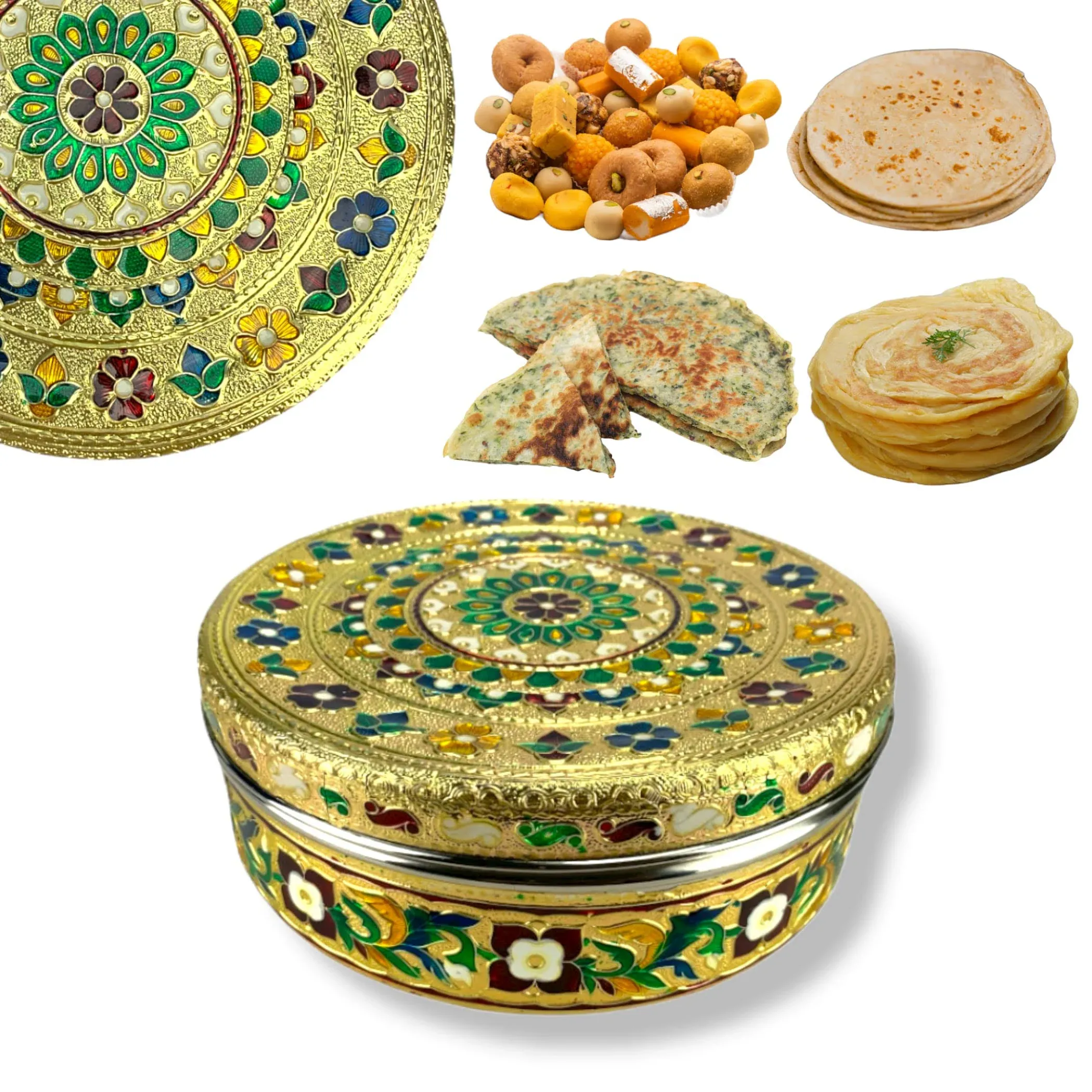 LoveNspire 7.5 Inches Decorative Roti Papad Box Stainless Steel Small Sweet Storage Box Meenakari Container Laddu Box Spice Storage Unique Multipurpose Box Gift for Guest