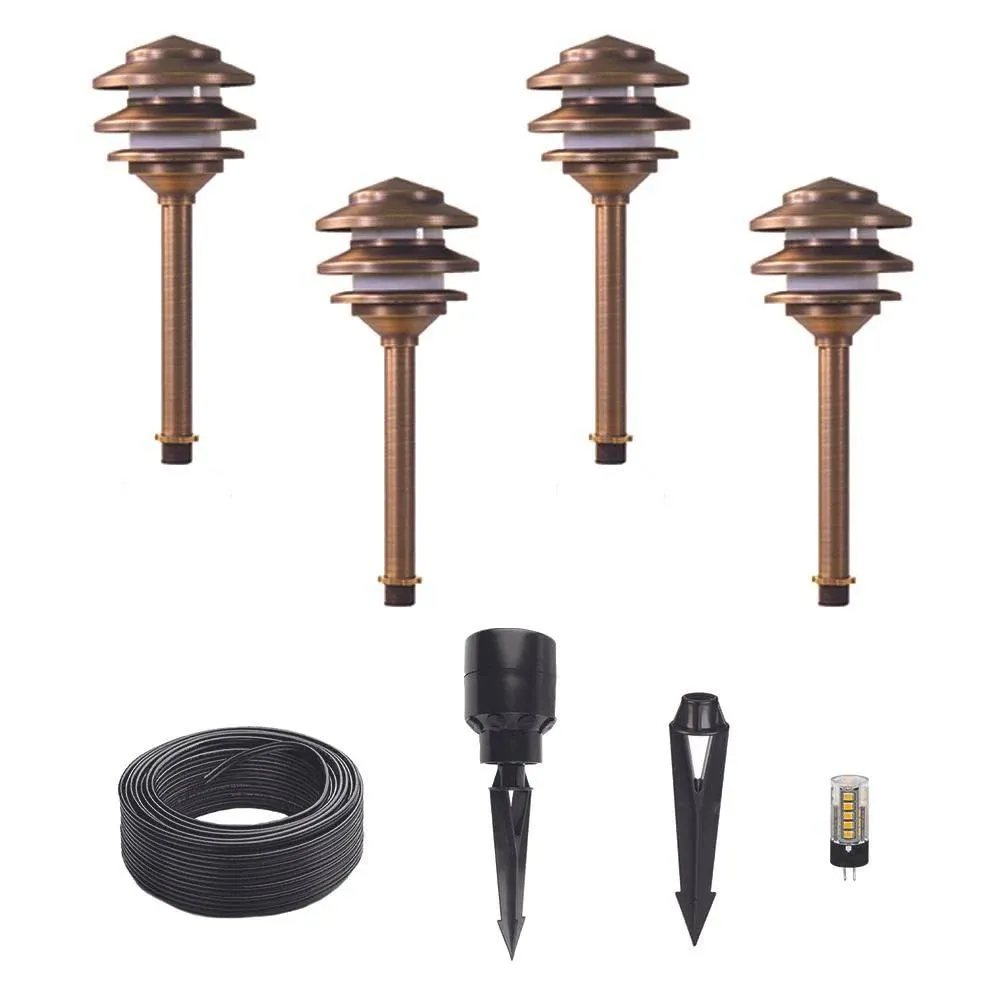 Lumen Logic 12V Brass Pagoda Path Light 4-Pack Kit (Bronze) with 3W 2700K G4 LED Bulbs