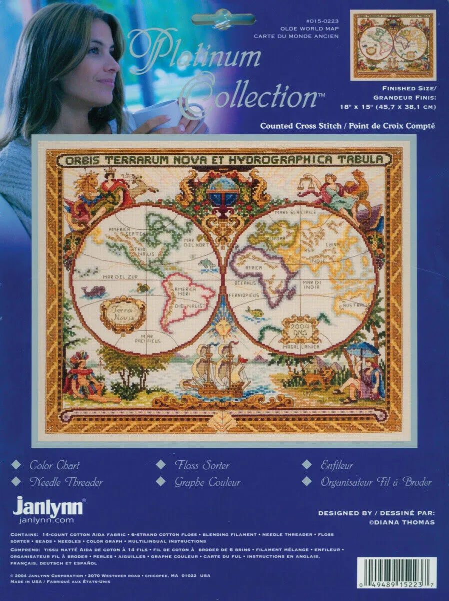 18"x15" 14 Count - Platinum Collection Olde World Map Counted Cross Stitch Kit ...