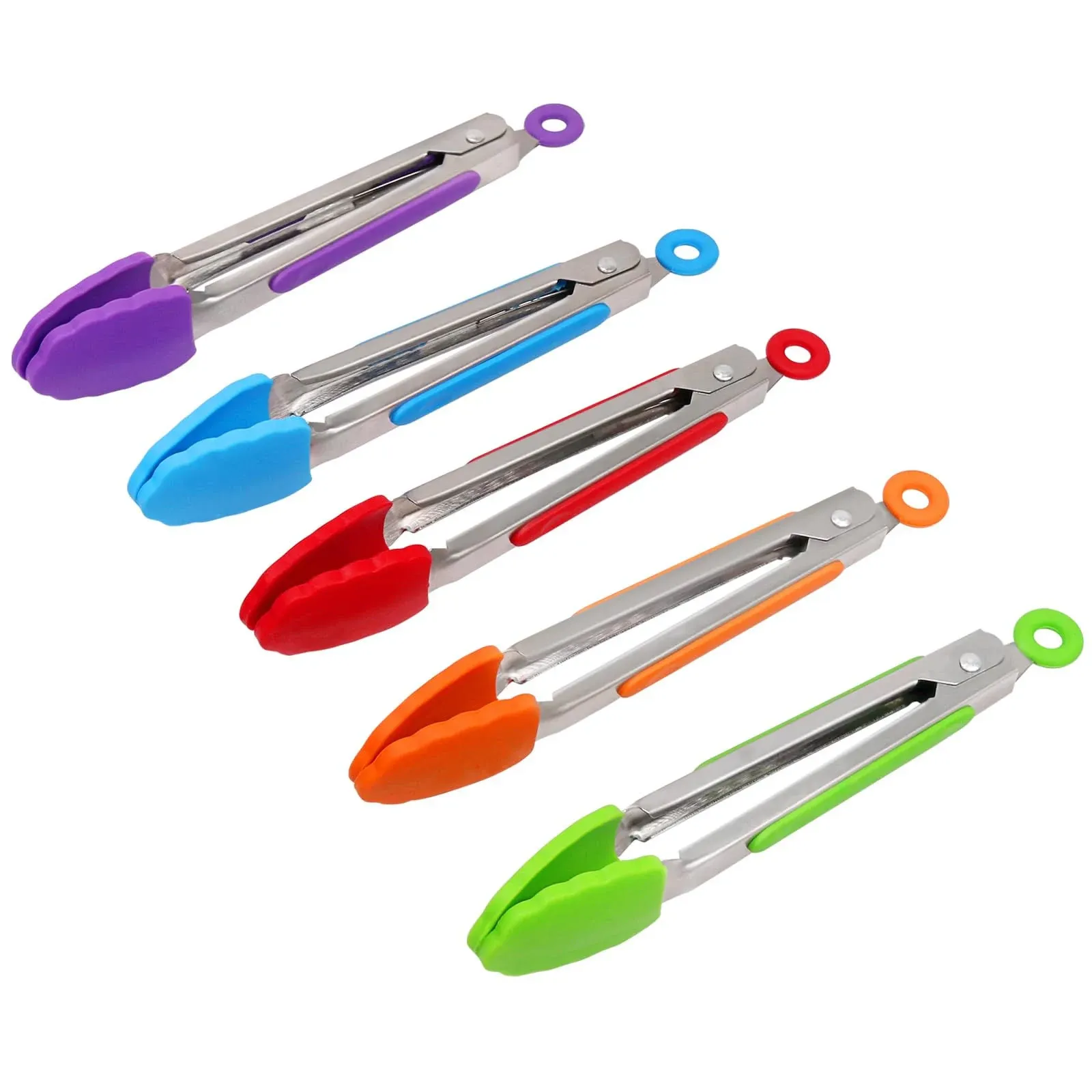 7 Inch Small Kitchen Tongs with Silicone Tips, Mini Serving Food Tongs Stainless Steel for Salad, Grilling, Frying and Cooking, 5 Pieces