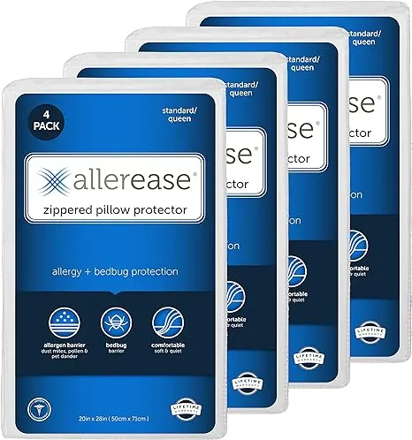 Set of 4 King AllerEase Pillow Protectors - Moisture Wicking, Advanced Allergy Protection - Premium Polyester, Zippered Protectors